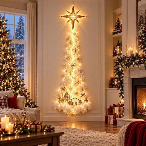 Décoration murale de Noël lumineuse avec cascade de rennes, cerfs volants et guirlande lumineuse LED blanc chaud, ornements d'étoiles de neige, décoration murale rustique pour la maison (1/5)