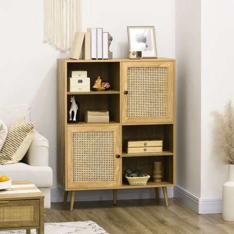 Buffet meuble de rangement armoire haut aspect bois et cannage design 2 portes - dim. 90L x 32.5l x 120H cm