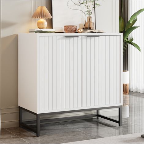Sideboard aus Spanplatte in Weiß 80x40x80 cm mit 2 Türen, Wellenfront und Metallgriffen (1/5)