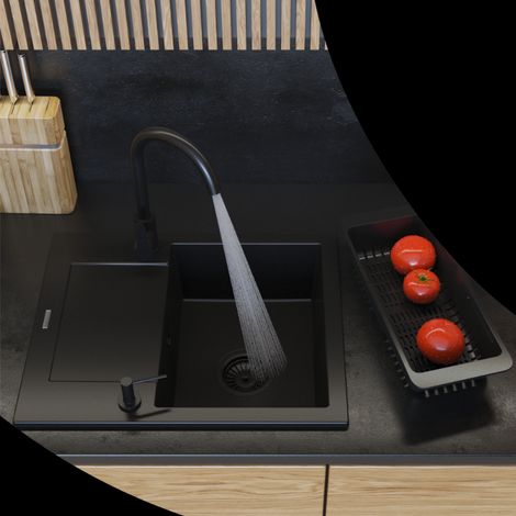 Évier de cuisine en granit 1 bac avec égouttoir réversible 57 x 47 cm noir, kit avec mitigeur Prestige Plus, siphon, distributeur, égouttoir télescopique et GraniProtect 30 ml, Bello (1/5)