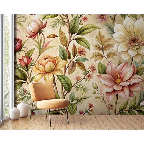Papier peint fleuri - pivoines classiques dorées - 150 x 250 cm (1/2)