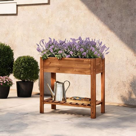 Lit surélevé de jardin en bois avec étagère de rangement (1/5)