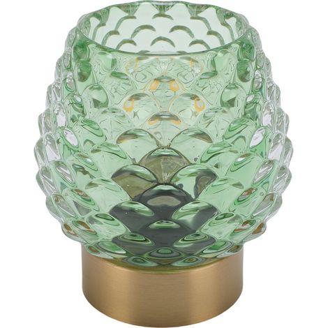 Kleine, kabellose, batteriebetriebene LED-Tischleuchte in Form eines Tannenzapfens mit Glasgehäuse und Timer.