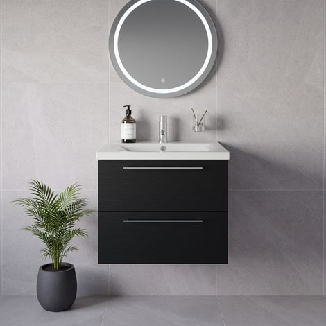 Napoli 460 Nero Oak 600mm Wall Mounted 2 Drawer Vanity Unit with Glide Basin - 600mm - Chrome 320mm Handle