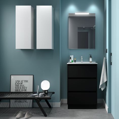 Badezimmermöbel NOJA 600 3 Schubladen BLACK SATIN + Waschtisch + Spiegel