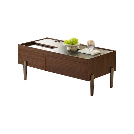 Table basse moderne avec tiroirs et plateau en verre – Design en bois brun foncé, veinage effet marbre, pieds en métal et vaste espace de rangement pour le salon.