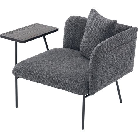 Fauteuil individuel moderne avec accoudoirs en tissu et table d'appoint intégrée, structure en métal noir, gris clair (1/5)