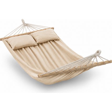 Amaca Doppia Con Barre In Legno E Cuscini Coordinati Per Patio Terrazzo E Giardino In Tessuto Poliestere Cotone Con Portata 300 Kg 240 x 150 Cm Beige