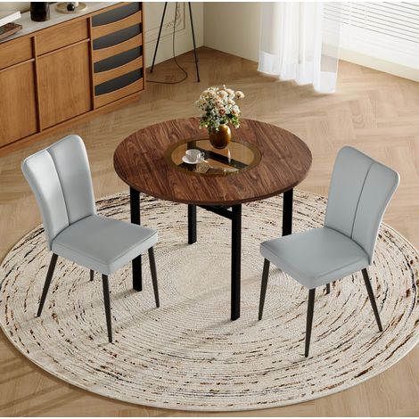 Rundes Esstisch-Set, mit Glasplatte und Ablage, MDF, Glas, PU Leder, Braun und Hellgrau (1/5)