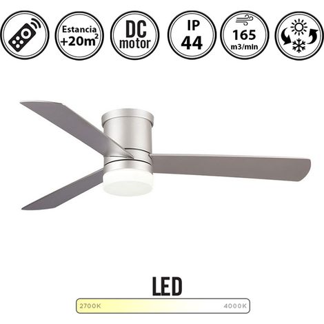 Ventilador de techo con luz serie zonda, motor DC, IP44, función invierno-verano, mando inalambrico, memoria, color plata (1/4)