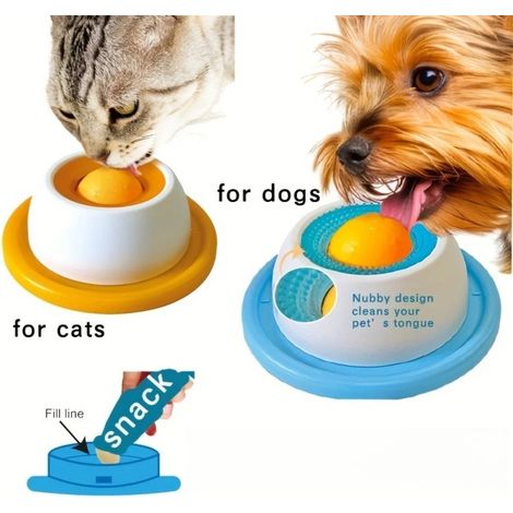 Anti-stress Cat and Dog Lick Feeder – Slow-feed Dispenser with Rotating Ball, Suitable for Liquid Foods and Treats, Combats Boredom (yellow and Blue) (1/5)