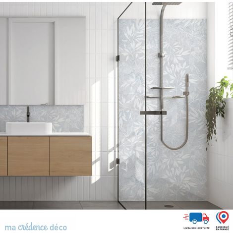Panneau de douche : Feuillage sur granit - Couleur Bleu pastel - Alu composite - 90 - 245 (1/3)