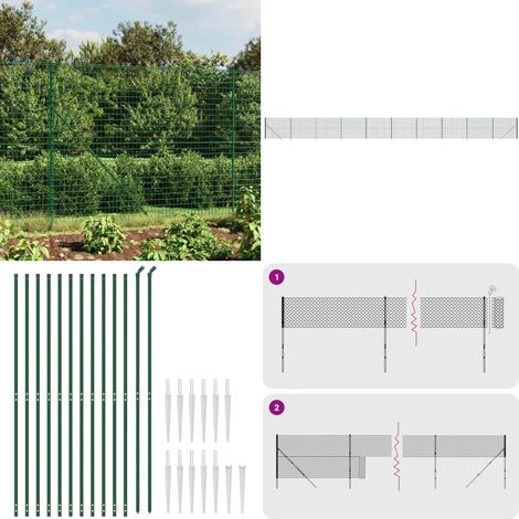 Recinzione Metallica con Picchetti Ancoraggio Verde 1,4x25 m - Recinzione da giardino - Recinzione per animali