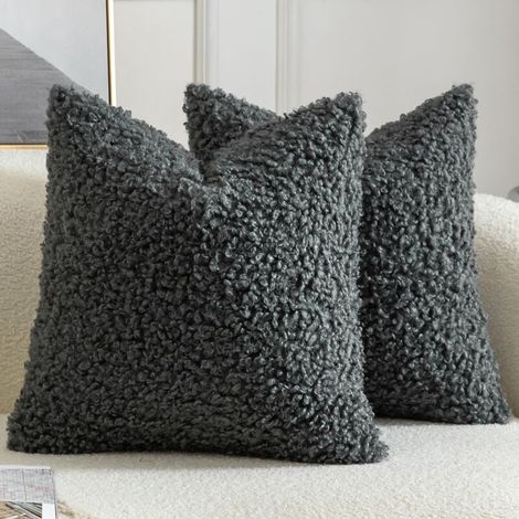 Lot de 2 housses de coussin décoratives en fausse fourrure de sherpa, taies d'oreiller pelucheuses et douces, en peau de mouton, pour canapé, sofa, lit, salon, 45 x 45 cm, gris (1/4)