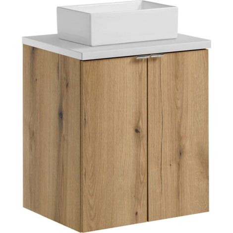 Set VANO in finitura rovere e bianco 50cm: mobili sotto lavabo con ante + piano per lavabo + lavabi da appoggio rettangolari