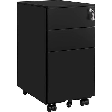 Caisson de bureau à roulettes avec 3 tiroirs et classeur suspendu 30 x 45 x 60 cm armoire de bureau verrouillable pour dossiers et documents corps d'armoire prémonté noir (1/5)