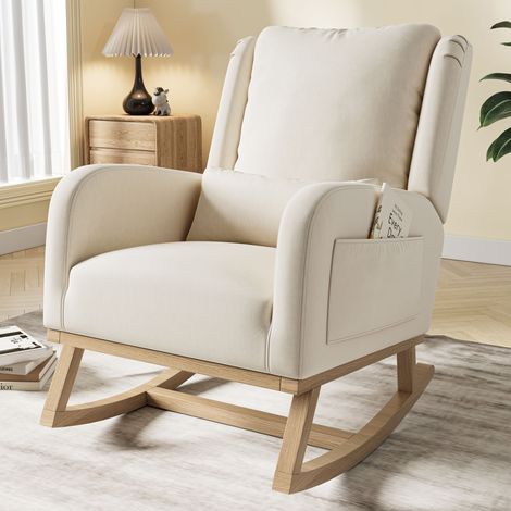 Fauteuil à bascule - Rocking chair - avec dossier rembourré, poches latérales, pieds en bois massif, matière en coton et lin, 93x68x96 cm - beige (1/5)