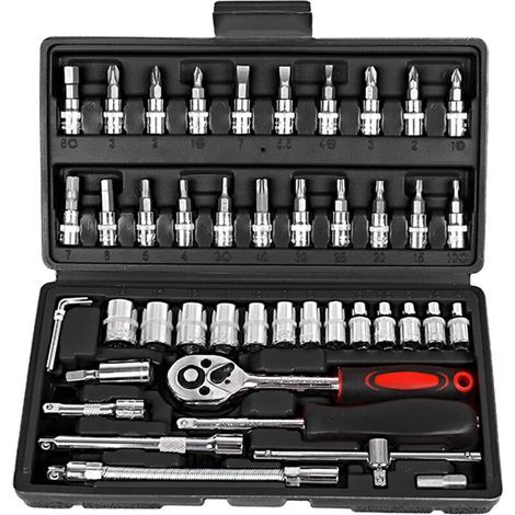 Lot de 46 clés à cliquet et clés à douille jeu de clés à douille de 1/4 pouce kit de réparation clés à douille combinées jeu de clés à douille avec étui (1/5)