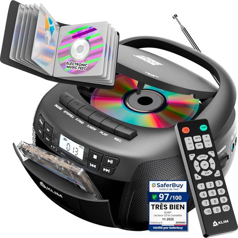CD Cassette Radio with Carry Case - Bluetooth AM FM Dual Three Watt Speaker for Clear Stereo Sound, Mains or Battery Operated, Auxiliary Port Included - Black (1/5)