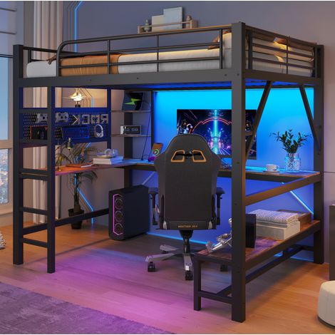 Hochbett 160/200 cm in Schwarz aus Metall mit Schreibtisch, LED und USB/Type-C (1/5)