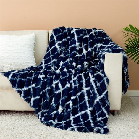 Couverture 160x200 cm, Plaid Polaire Super Douce et Duveteux, Fausse Fourrure Haute Qualité, Chaude et Confortable, Canape, Couvre-Lits, Carreaux bleu marine