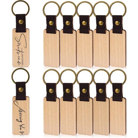 Lot de 12 Porte-Clés en Bois Naturel Vierge 12 Pièces avec Bande de Cuir pour Bricolage, Graver et Peindre - Artisanat Cadeau (1/5)