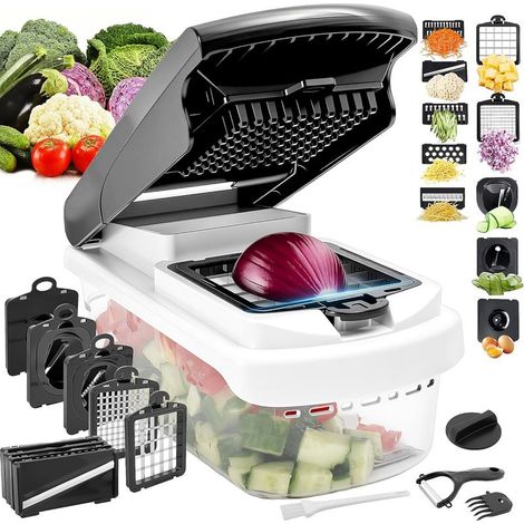 Multifunktionaler Gemüseschneider – Mandoline mit austauschbaren Klingen aus Edelstahl 402J2 – Integrierter 7,5-Tassen-Auffangbehälter – Für Zwiebeln, Tomaten, Käse, Gemüse und Obst – 1 Stück (1/5)