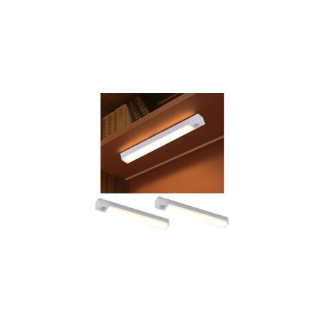Set aus zwei 20 cm großen Kleiderschrankleuchten mit Bewegungsmeldern, warmem Licht und robustem, wiederaufladbarem Gehäuse in Weiß. – Crezuo