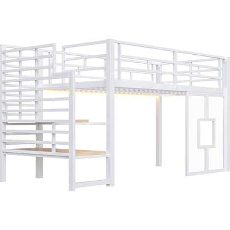 Letto a soppalco in metallo 90 x 200 cm bianco con scala, ripiani, LED e finestre HOMVRA (1/5)