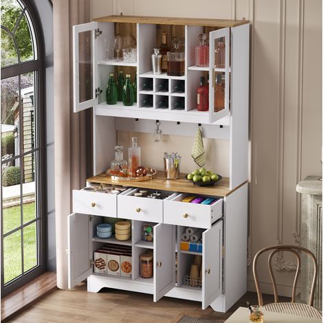 Buffet haut en MDF blanc effet bois 94,5x30x175,5 cm, 5 portes, 3 tiroirs et niches ouvertes (1/5)