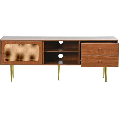 Mobile TV con ante scorrevoli in rattan sintetico e 2 cassetti MDF noce 160x40x60 cm HOMVRA (1/5)