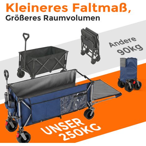 Chariot pliable 300L + 120L avec hayon, remorque pliante 180 cm, roues tout-terrain larges 17x10 cm, parfait jardin, courses, plage, extérieur (bleu) (1/5)