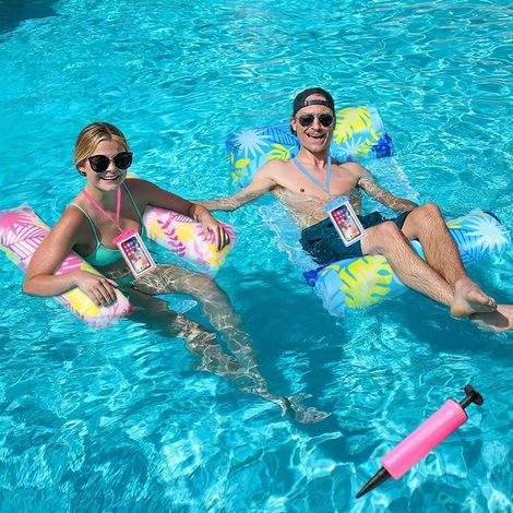 Bouee Piscine Adulte, 2 Pièces 4 in 1 Hamac Flottant Gonflable Piscine avec Deux Pochette étanche, Matelas Filet Piscine, Bouée Transat Piscine Pliable Portable pour Les Vacances à la Plage (1/5)