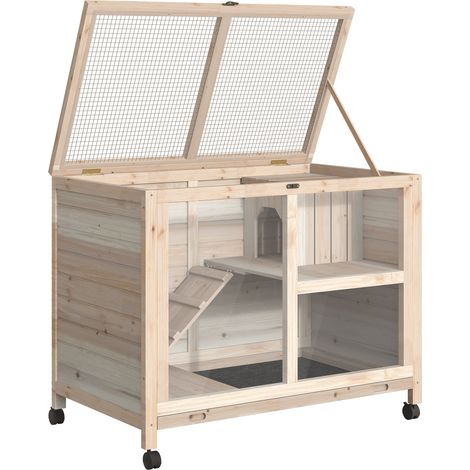 GagaCage à lapin clapier sur roulettes petit enclos animaux en bois massif 2 étages toit ouvrant plates-formes 91,5 x 53,3 x 73 cm bois naturel (1/5)