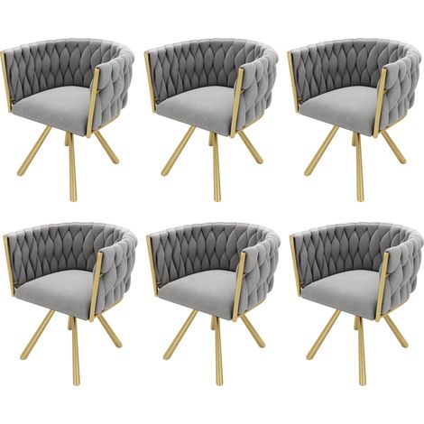 Chaise pivotante en velours, lot de 6, chaise de loisirs de luxe pour salon et chambre, avec quatre pieds de soutien en métal, gris et doré (1/5)