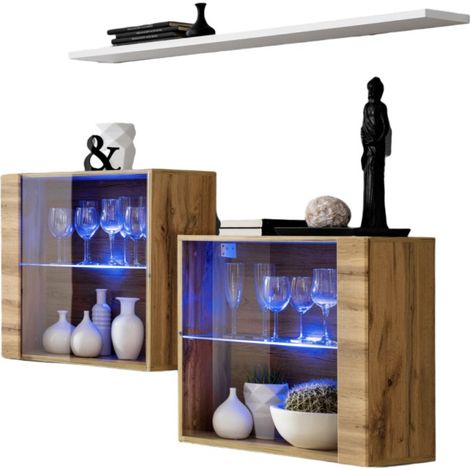Wandkomposition SWITCH SBIII – LED-verglaste Würfel und Regal – Wotan Eiche und Weiß – Modernes Design