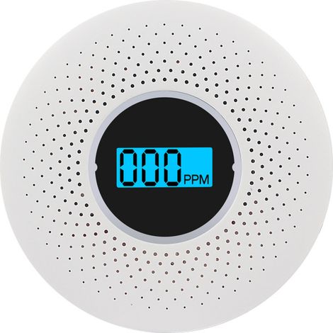 Detector inteligente combinado de humo y monóxido de carbono, pantalla LED, alarma sonora y luminosa, apto para uso doméstico.