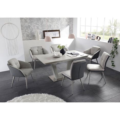 Esszimmer Set 7-tlg. KAPRUN-119 Ausziehtisch mit Doppelsäule, Polsterstühle aus Kunstleder in hellgrau/dunkelgrau (1/5)