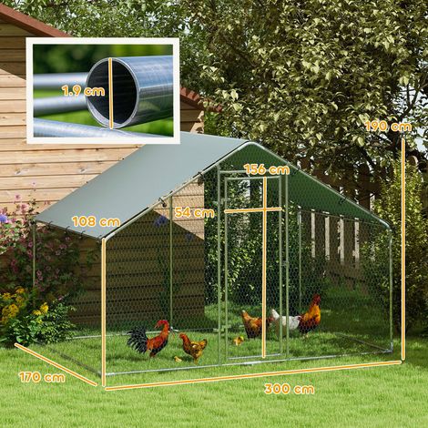 Poulailler extérieur en acier galvanisé 3x1,7x1,9m avec verrou, abri pour volailles et petits animaux, toit imperméable anti-UV, enclos argenté, idéal jardin et plantes. (1/5)