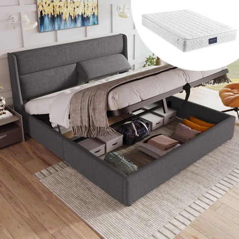 DESVIAE Lit double avec rangement hydraulique 160 x 200 cm tête de lit réglable sommier à lattes en métal revêtement en lin gris avec matelas à ressorts ensachés 720 ressorts (1/5)
