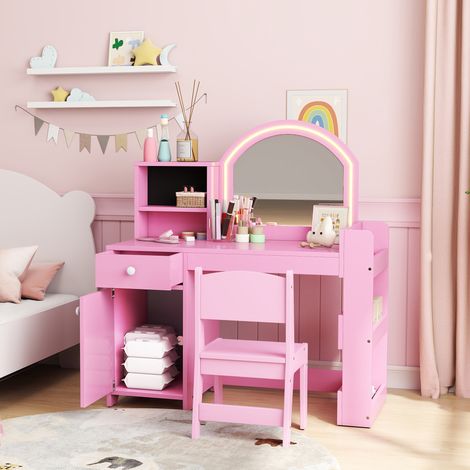 Tavolo da trucco per bambini con sgabello e specchio a LED, adatto a bambini dai 3 agli 8 anni, 88,6 x 38,8 x 96,9 cm, rosa