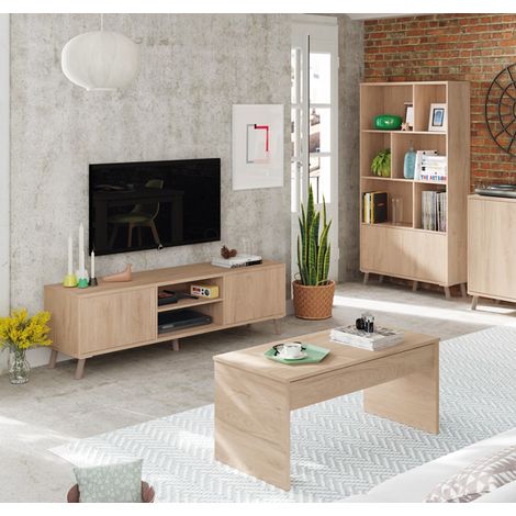 Ensemble de salon coloris effet bois ( meuble TV + bibliothèque + Table basse ) -PEGANE- (1/4)