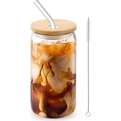 Gobelet en verre de 473 ml avec couvercle et paille - Gobelet à café glacé, idéal pour les sodas, le thé boba et les cocktails - Gobelet en verre réutilisable avec couvercle (1 paquet) (1/5)