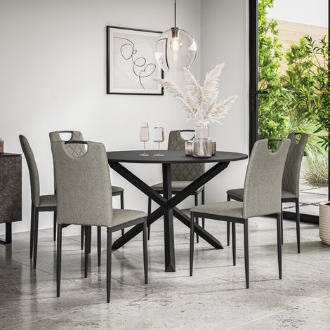 Malvern Round Dining Table And Chairs - Black Table Top w Solid Oak Black Legs + Monza Fabric Dining Chair Set Of 6 (Grey) (1/5)