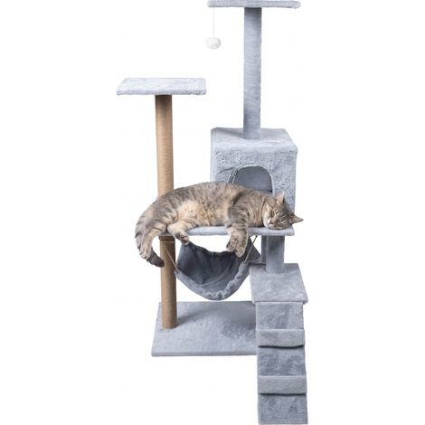 Griffoir pour chat, lit, tour, maison, escalier, 4 niveaux, gris