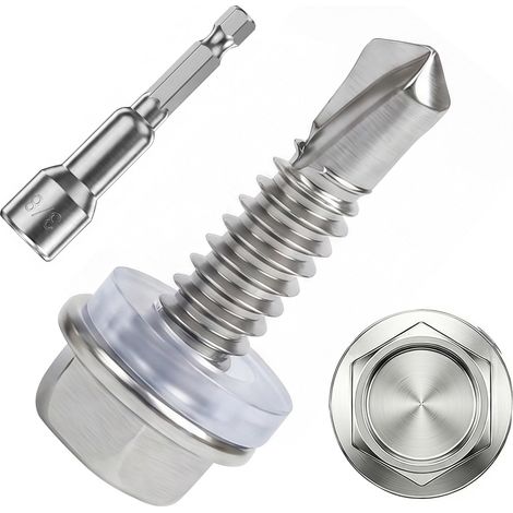 Vis Autoforeuse Metal Inox 410 Vis Autoperforante 6.3x32mm 50Stk avec Rondelles D'étanchéité EPDM Fixation étanche et 1 Douilles Hexagonale pour Metal Bac Acier Bois Tôle Placo Toiture (1/5)