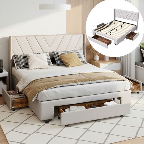 Letto matrimoniale 160x200 cm, con 3 cassetti, motivo a V, rete a doghe in legno, telaio in metallo, letto trapuntato in lino - Beige