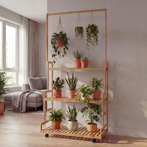 étagére à plantes en bambou HWC-Q33, étagére en escalier pour fleurs, support à plantes en escalier, (1/2)