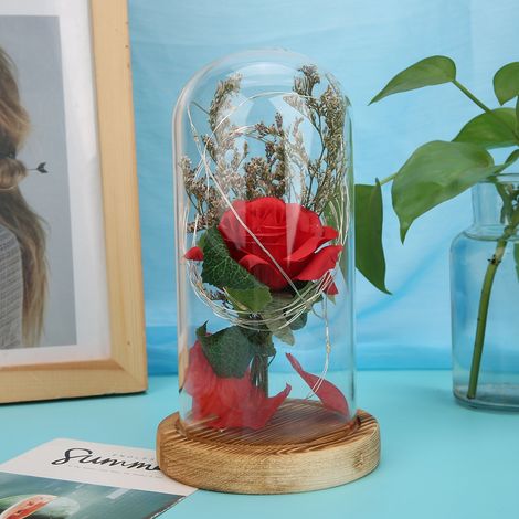 LED-Lampe mit Holzsockel, Glasabdeckung und Rosenmotiv aus Kunststoff, warmweißes LED-Nachtlicht, ideal als Geschenk zum Geburtstag oder Valentinstag. (1/5)