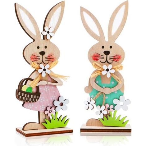 Lot de 2 lapins de Pâques en bois, décoration à poser, motifs festifs, idéal pour intérieur et table de fête (1/4)